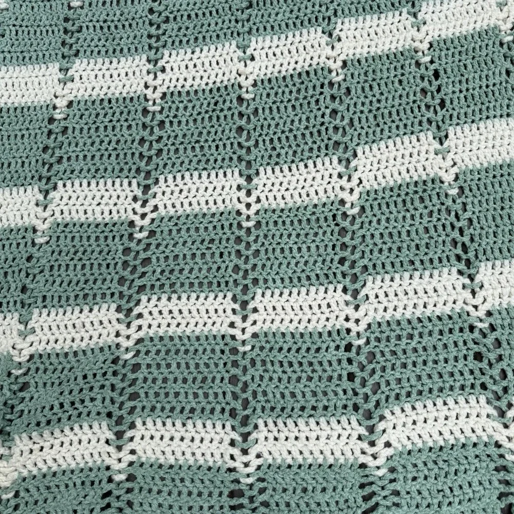 Handmade Crochet Afghan Throw Blanket 53x70 Sage Green Cream Openwork